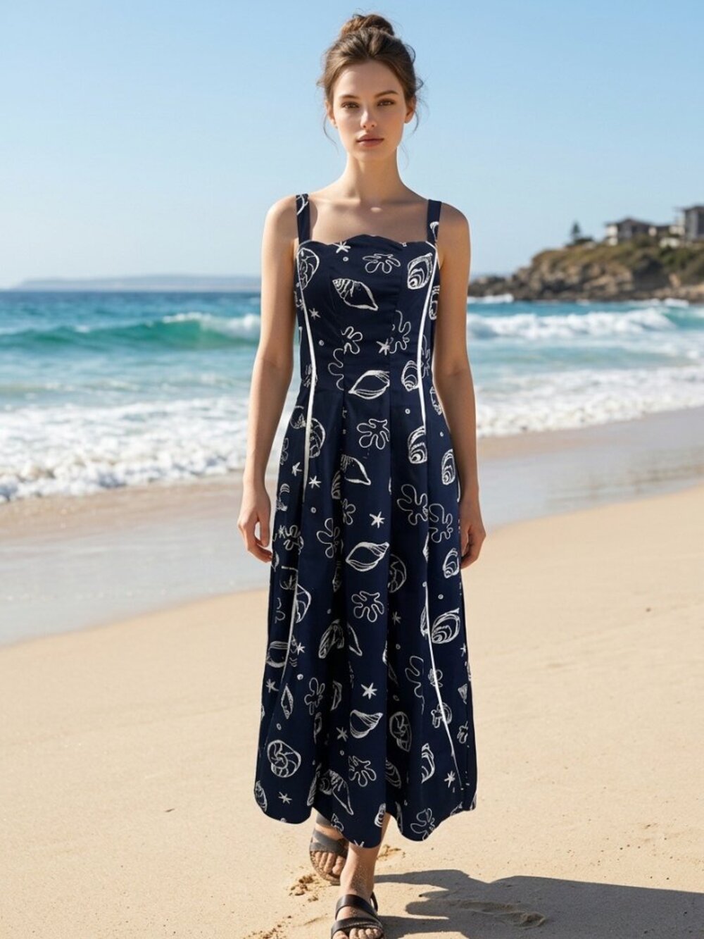 NWOT Moon River Navy Shell Print Cotton Maxi Dress Smocked Back Size S